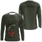 T-shirt manches longues pêche perche personnalisé vert kaki, motif perche carnassier et marquage prénom personnalisé
