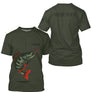 T-shirt pêche perche personnalisé col rond vert kaki avec motif perche aux nageoires rouges et prénom sur la poitrine