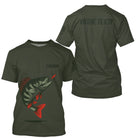 T-shirt pêche perche personnalisé col rond vert kaki avec motif perche aux nageoires rouges et prénom sur la poitrine