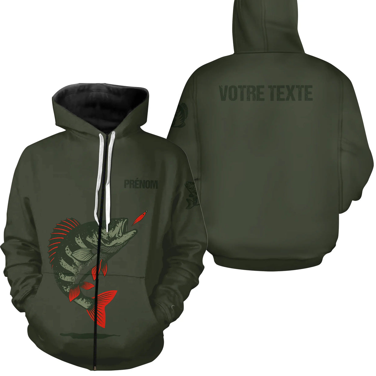Vêtements pêche perche personnalisés – Hoodie, Sweat & T-shirt homme avec prénom et texte – Cadeau pêcheur - A28082501 - Sweat à capuche zippé