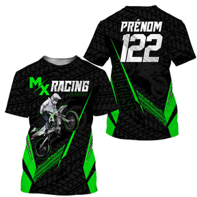 Maillot motocross MX Racing vert fluo avec motard en action et prénom numéro 122 imprimés, rayures vertes