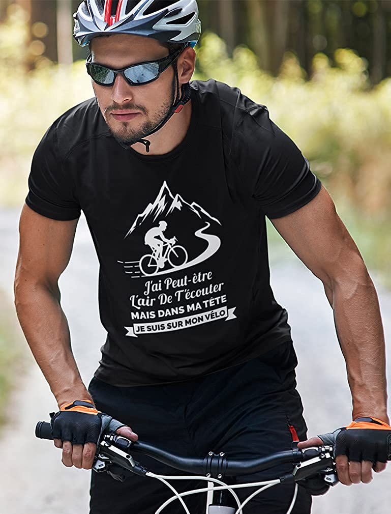 T-shirt cyclisme homme illustration cycliste blanc grimpant col chaîne montagnes humour citation cadeau cycliste