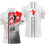 Polo pétanque A.B Sanvic blanc rouge avec silhouette bouliste en lancer et motif damier, prénom et logo personnalisés