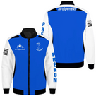 Blouson pétanque personnalisé bleu vif et blanc, veste zippée avec logo club Bruz Pétanque et drapeau France sur la manche