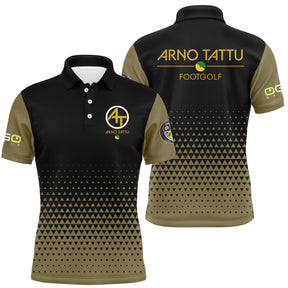Polo footgolf personnalisé homme noir et or avec motif graphique dégradé en triangles, logo club Arno Tattu et sponsor