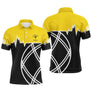 Polo pétanque personnalisé homme jaune et noir avec courbes blanches stylisées, logo club J.S Magnac Pétanque sur la poitrine