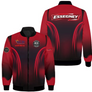 Veste zippée assortie rouge et noir avec logos club et sponsors, tenue club sportive sur mesure pour équipe