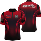 Polo zippé personnalisé homme rouge et noir dégradé avec logos club BCE Essegney et sponsors, col montant 1/4 zip