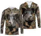 Sweat capuche camouflage chasse sanglier feuilles mortes motif sanglier hyperréaliste all-over chasseur forêt