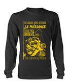 T-shirt manches longues humour vieil pêcheur lettrage jaune silhouette pêcheur senior fond noir
