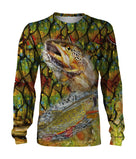 T-shirt manches longues all-over peau truite fario points rouges noirs vert olive