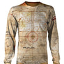T-shirt manches longues all-over carte au trésor pirates parchemin sépia compas symboles flibuste