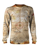 T-shirt manches longues all-over carte au trésor pirates parchemin sépia compas symboles flibuste