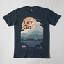 T-shirt randonnée homme marine motif Let's Go montagnes lac forêt et van baroudeur coucher de soleil