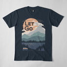 T-shirt randonnée homme marine motif Let's Go montagnes lac forêt et van baroudeur coucher de soleil