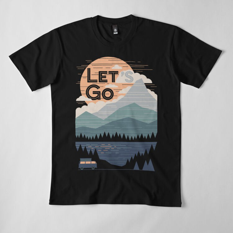 T-shirt randonnée homme bleu clair motif Let's Go montagnes stylisées lac et van baroudeur GR