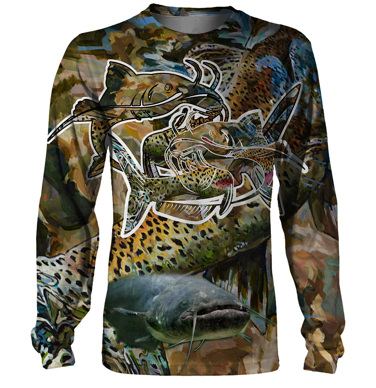 T-shirt manches longues all-over pêche silure 3D photoréaliste camouflage roseau écailles