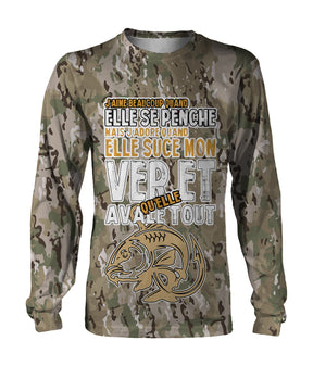 T-shirt manches longues camouflage humour pêche carpe motif carpe stylisée texte humour grand format, vue de face