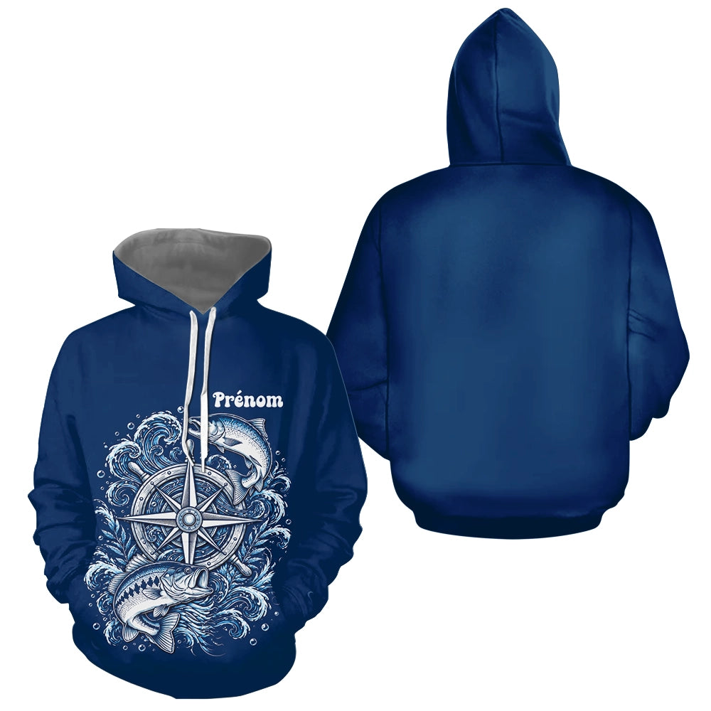 Maillot Cadeau Pêcheur Bleu Marine Personnalisé Boussole - Hoodie Homme