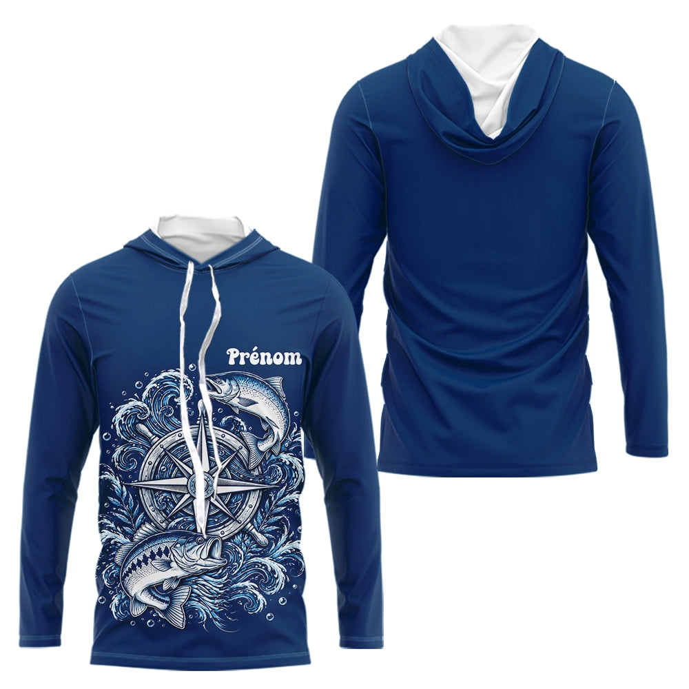 Maillot Cadeau Pêcheur Bleu Marine Personnalisé Boussole - Long Sleeves Hoodie Homme