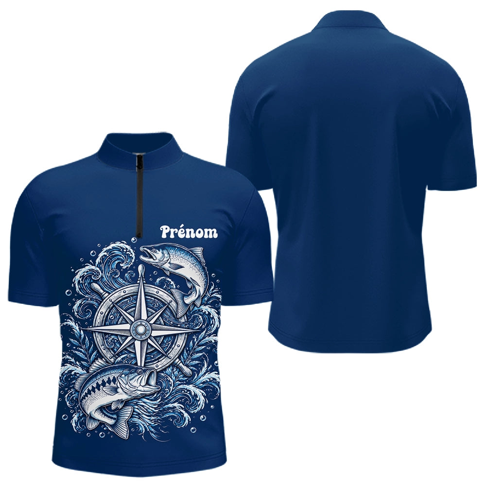 Maillot Cadeau Pêcheur Bleu Marine Personnalisé Boussole - Polo Zippé Homme
