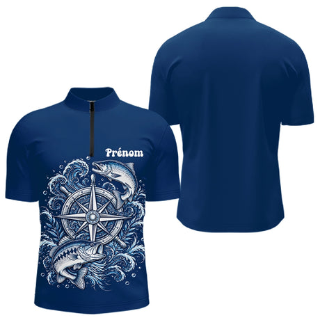Maillot Cadeau Pêcheur Bleu Marine Personnalisé Boussole - Polo Zippé Homme
