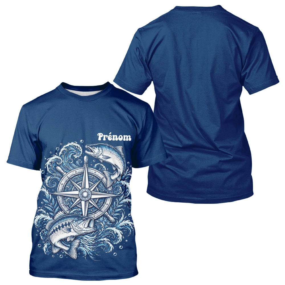Maillot Cadeau Pêcheur Bleu Marine Personnalisé Boussole - T-Shirt Homme