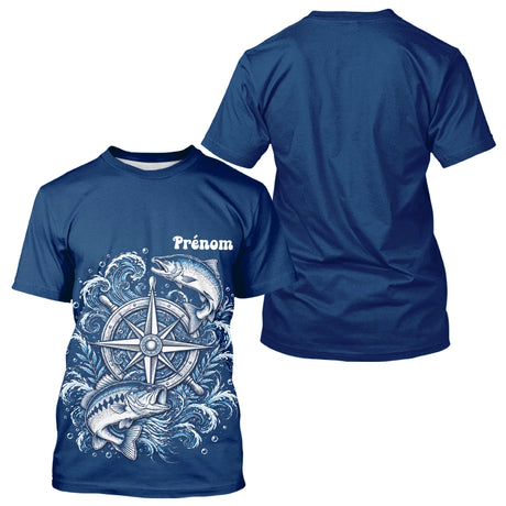 Maillot Cadeau Pêcheur Bleu Marine Personnalisé Boussole - T-Shirt Homme