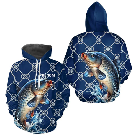 Maillot Carpiste Pêche Bleu Marine - Personnalisé Prénom- Hoodie Homme