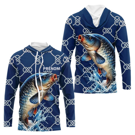 Maillot Carpiste Pêche Bleu Marine - Personnalisé Prénom - Long Sleeves Hoodie Homme