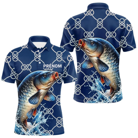 Maillot Carpiste Pêche Bleu Marine - Personnalisé Prénom - Polo Homme