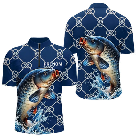 Maillot Carpiste Pêche Bleu Marine - Personnalisé Prénom - Polo Zippé Homme