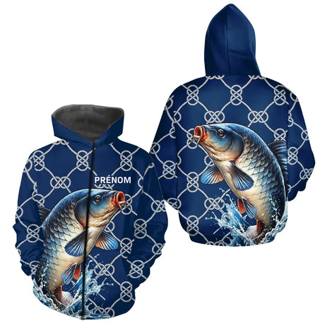 Maillot Carpiste Pêche Bleu Marine - Personnalisé Prénom - Zippe Hoodie Homme