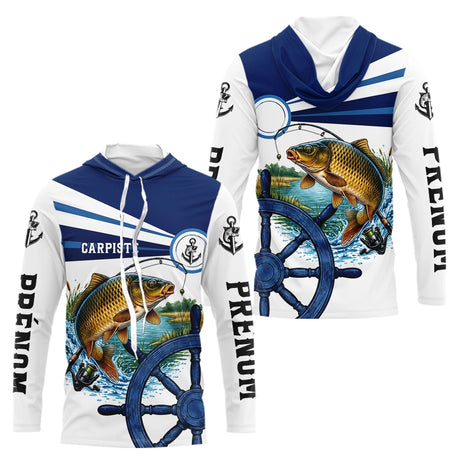 Maillot De Pêche A La Carpiste - Personnalisé Bleu Et Blanc - Long Sleeves Hoodie Homme