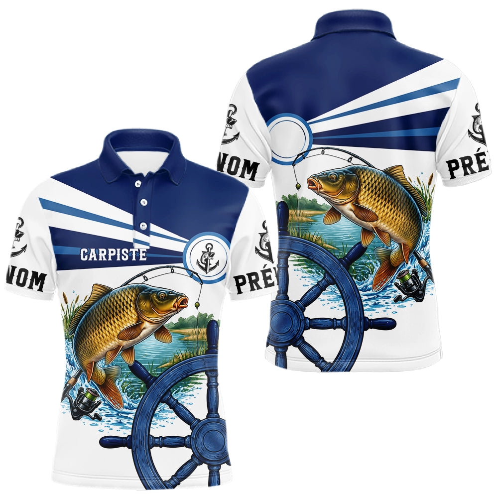 Maillot De Pêche A La Carpiste - Personnalisé Bleu Et Blanc - Polo Homme
