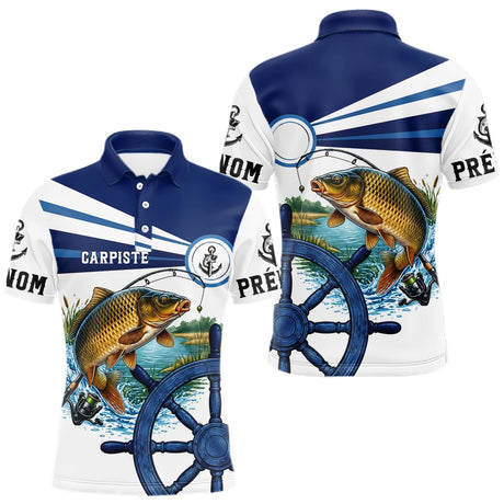 Maillot De Pêche A La Carpiste - Personnalisé Bleu Et Blanc - Polo Homme