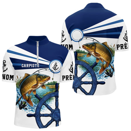 Maillot De Pêche A La Carpiste - Personnalisé Bleu Et Blanc - Polo Zippé Homme