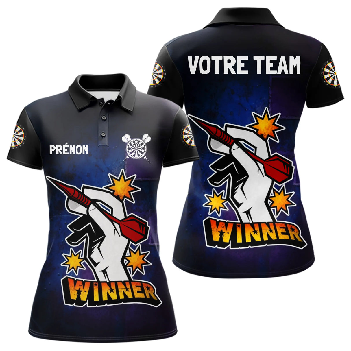 Maillot Fléchette Personnalisé - Design Winner Noir & Bleu - Polo Femme