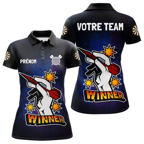 Maillot Fléchette Personnalisé - Design Winner Noir & Bleu - Polo Femme