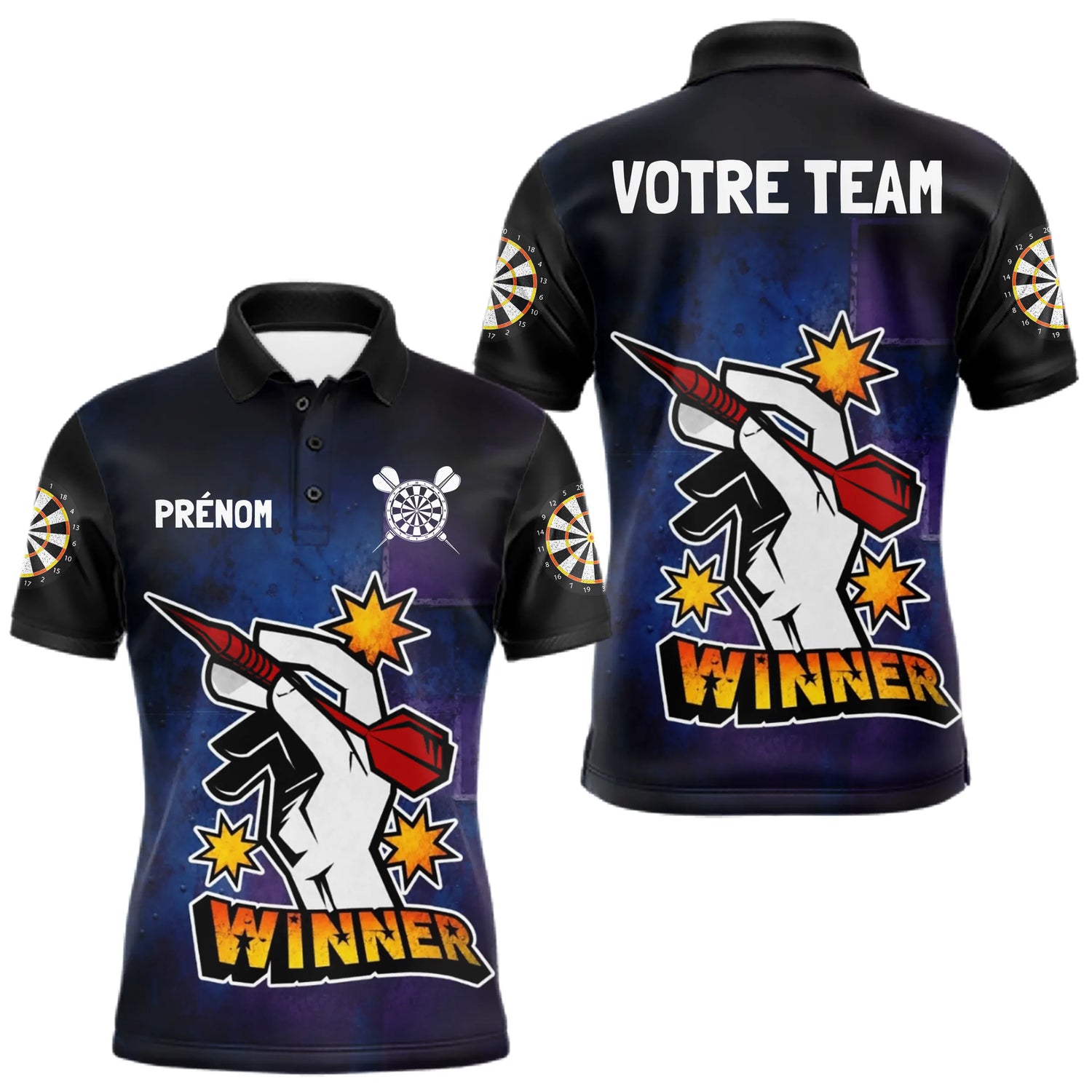 Maillot Fléchette Personnalisé - Design Winner Noir & Bleu - Polo Homme