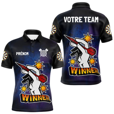 Maillot Fléchette Personnalisé - Design Winner Noir & Bleu - Polo Homme