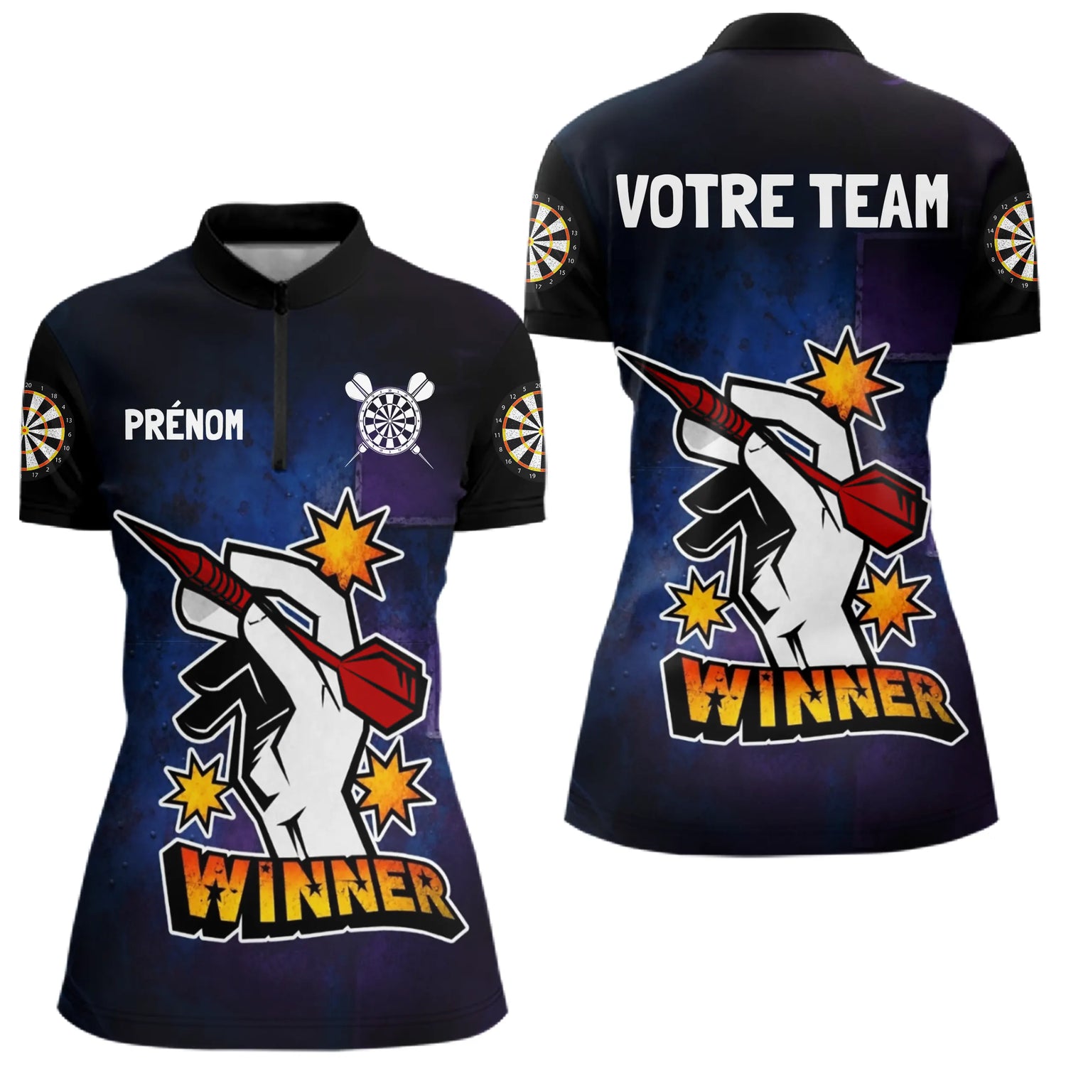 Maillot Fléchette Personnalisé - Design Winner Noir & Bleu - Polo Zippé Femme