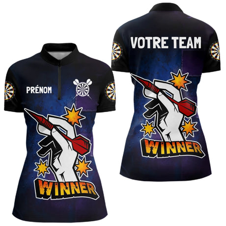 Maillot Fléchette Personnalisé - Design Winner Noir & Bleu - Polo Zippé Femme