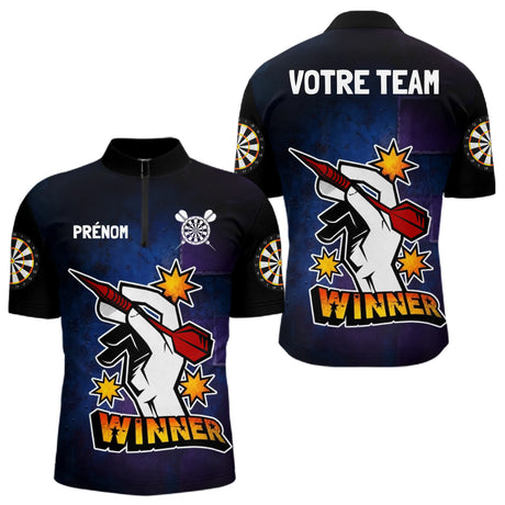 Maillot Fléchette Personnalisé - Design Winner Noir & Bleu - Polo Zippé Homme