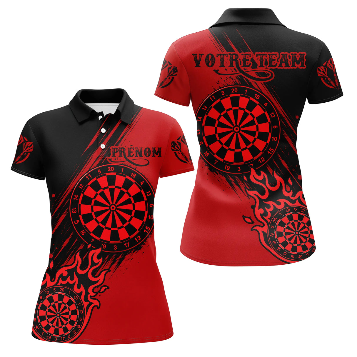 Maillot Fléchettes Flammes - Vintage Rouge Noir Personnalisé - Polo Femme