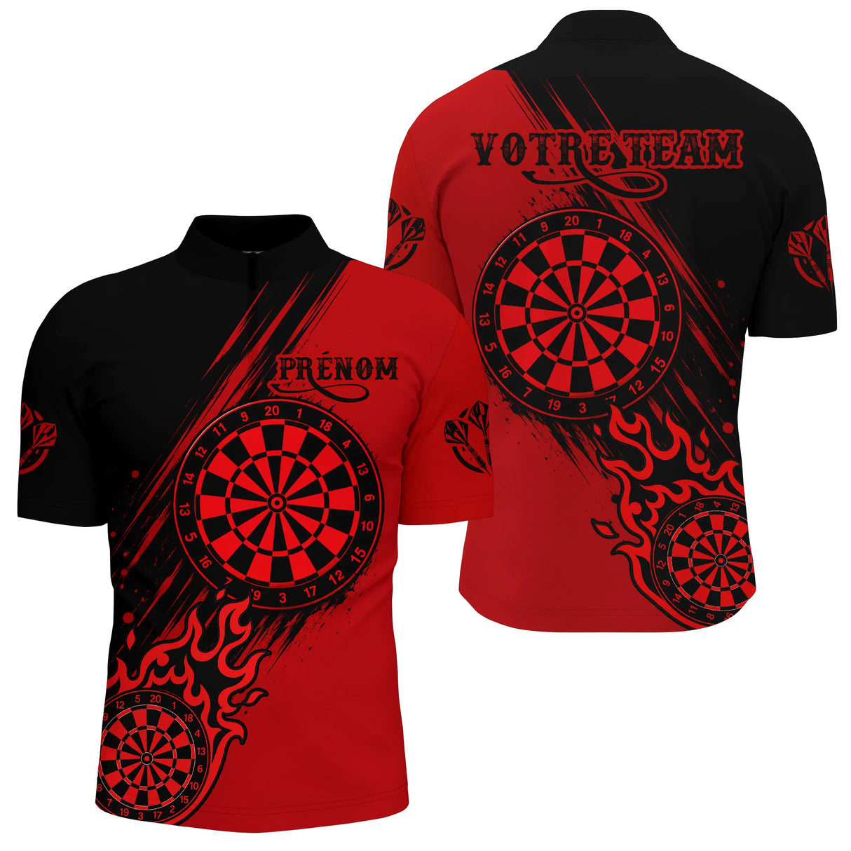 Maillot Fléchettes Flammes - Vintage Rouge Noir Personnalisé - Polo Zippé Homme