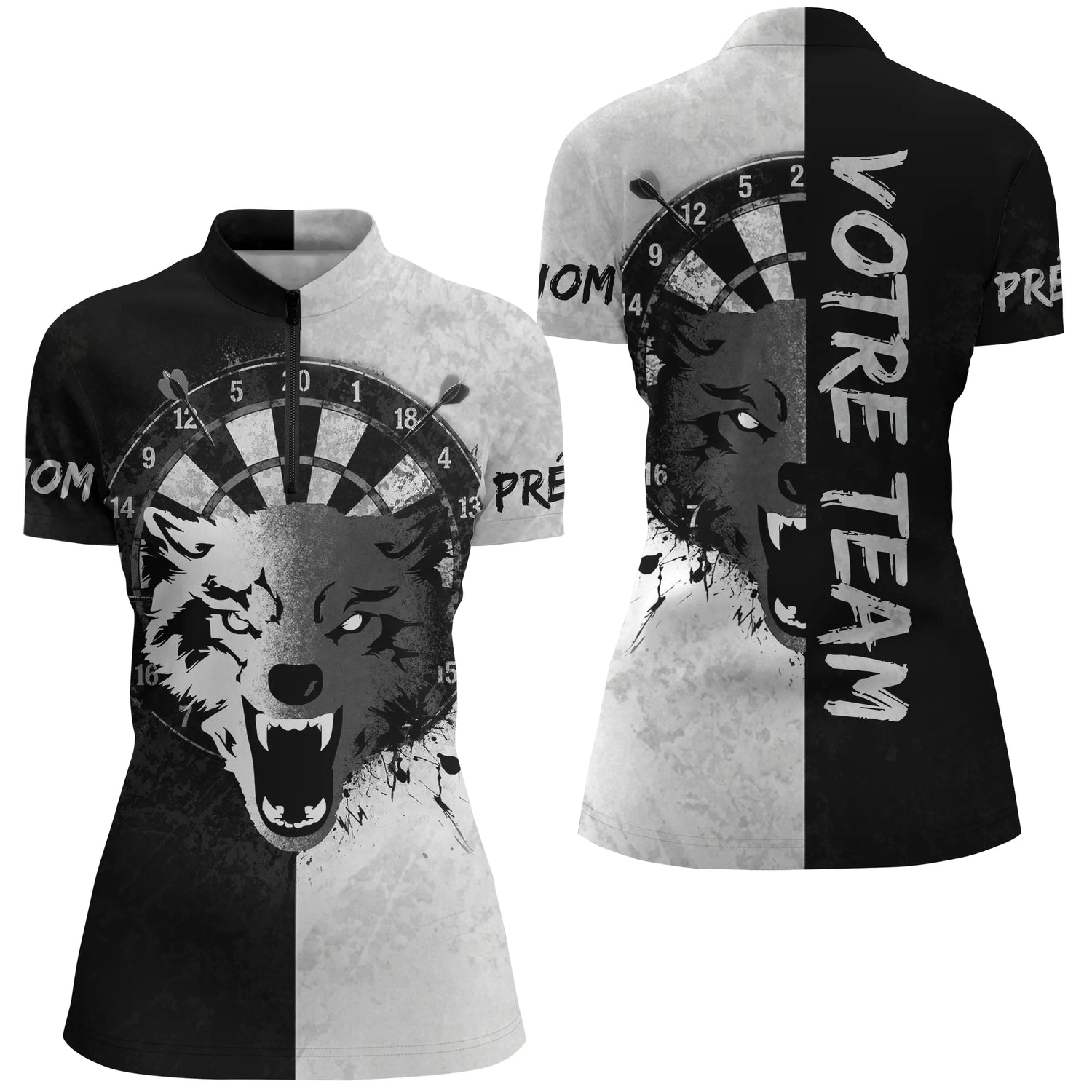 Maillot Fléchettes Loup - Design Blanc & Noir Personnalisé - Polo Zippé Femme