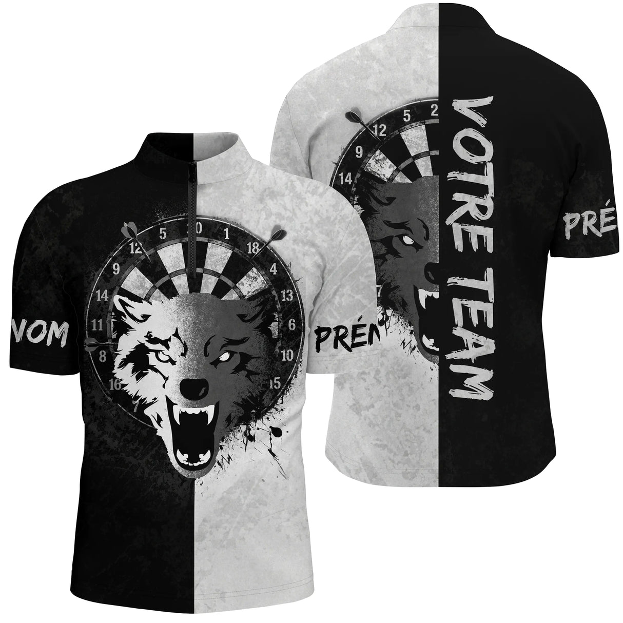 Maillot Fléchettes Loup - Design Blanc & Noir Personnalisé - Polo Zippé Homme