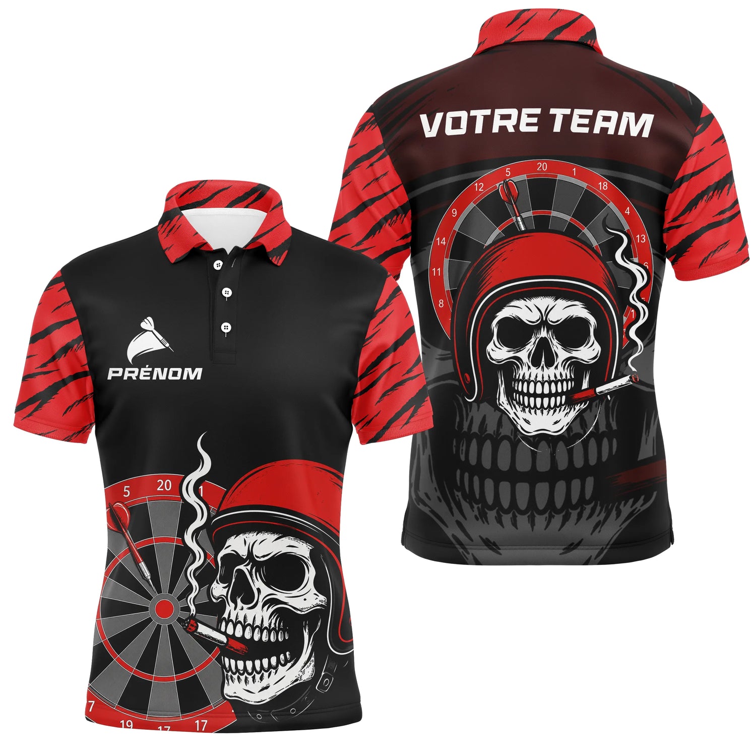 Maillot Fléchettes Motard Tête de Mort - Noir & Rouge Personnalisé - Polo Homme