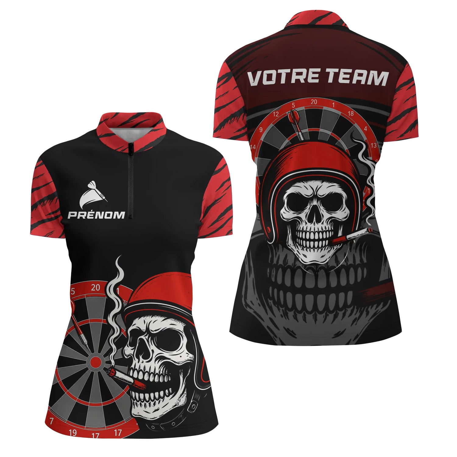 Maillot Fléchettes Motard Tête de Mort - Noir & Rouge Personnalisé - Polo Zippé Femme